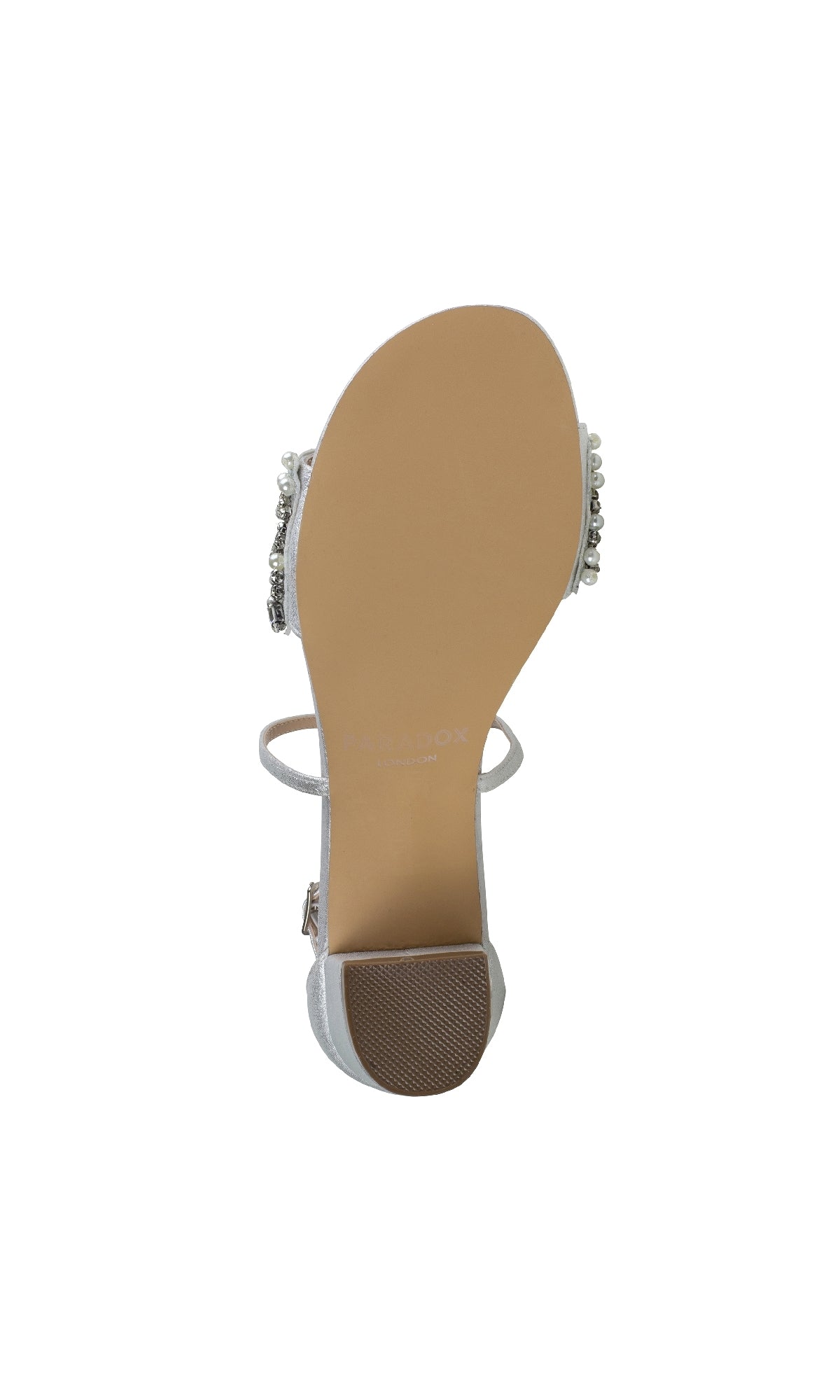 The Evangeline Silver Prom Shoes by Paradox London P2201 feature a jeweled block heel, ankle strap, tan sole, and decorative pearls—ideal for low-heel formal occasions.